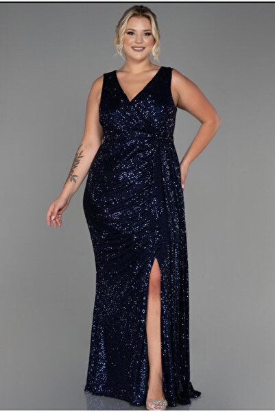 esmodaabiye ABİYE-Lacivert Kolsuz Uzun Pullu Büyük Beden Abiye