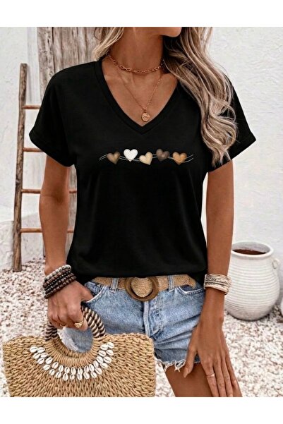 FUFLUNS Heart Road Printed Women's Oversize V-Neck T-Shirt