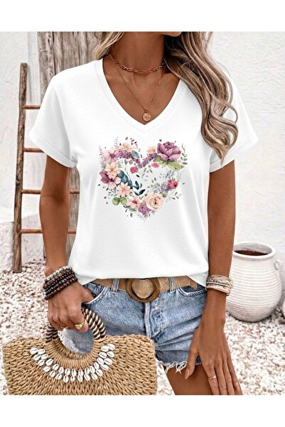 FUFLUNS Colorful Flower Heart Printed Women's Oversize V-Neck T-Shirt