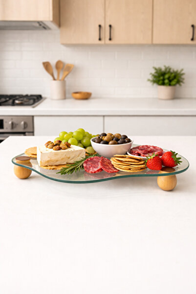 Mim Life Eğri Cam Ahşap Top Ayaklı Dekoratif Sunumluk Cam Tepsi Makyaj Takı S...