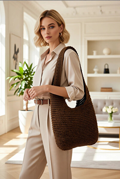 BENERLY Women's Hand-Knitted Medium-Size Shoulder Bag with Woven Structure an...