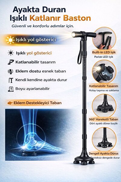 EyluX Shop ELEGANT HEALTH CARE Katlanabilir Işıklı Baston Yürüyüş Bastonu Fen...