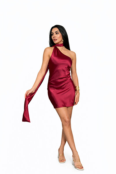 Cuyka Women's One-Shoulder Satin Mini Dress with Scarf Detail