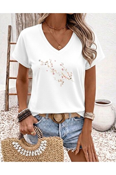 FUFLUNS Flower Branch Printed Women's Oversize V-Neck T-Shirt