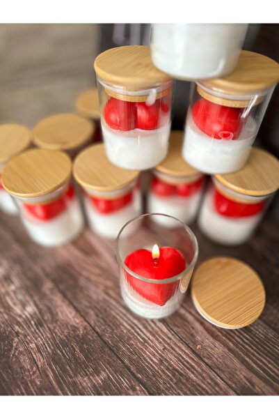 Şirin Sabun Kırmızı Kalp Bambu Kapaklı Kavanozda Red Heart Soya Wax Handmade ...