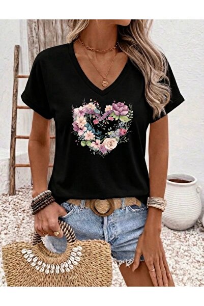 FUFLUNS Colorful Flower Heart Printed Women's Oversize V-Neck T-Shirt