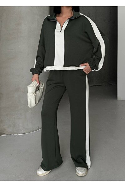 MODA CESE Modal Fabric Striped Paneled Metal Zipper Long Sleeve Top and Botto...