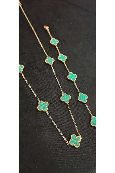 Shae Jewelry 5'li Yeşil Renk Yonca Model Kolye ve Bileklik Paslanmaz Çelik Bü...