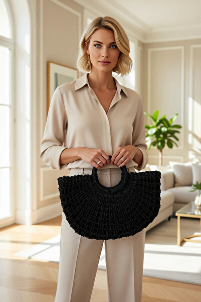 BENERLY Γυναικεία ψάθινη οβάλ τσάντα μεσαίου μεγέθους με μεγάλο εσωτερικό όγκ...