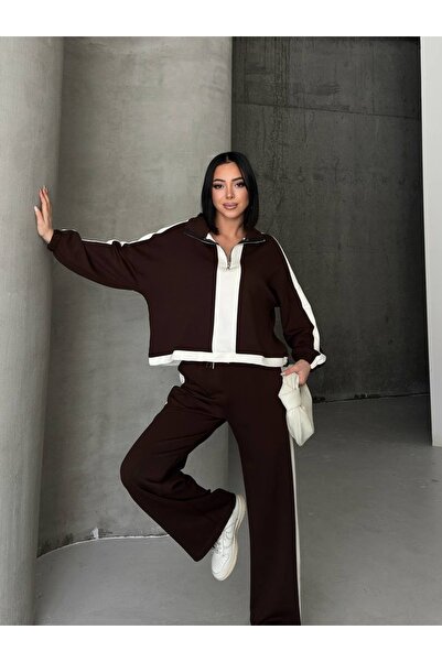 MODA CESE طقم علوي وسفلي بأكمام طويلة من قماش المودال المخطط مع بقطع قماش مخي...