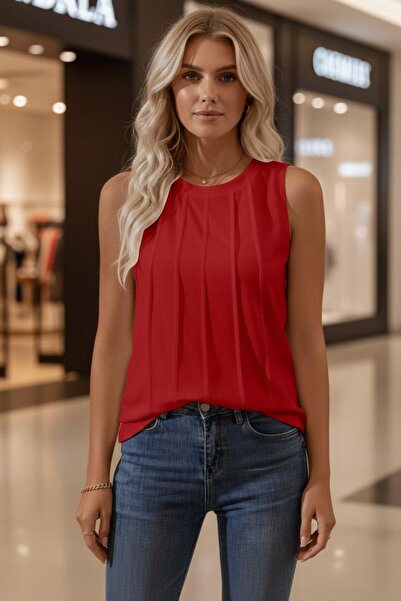 Mossta Zero Sleeve Pleated Viscose Blouse - Red