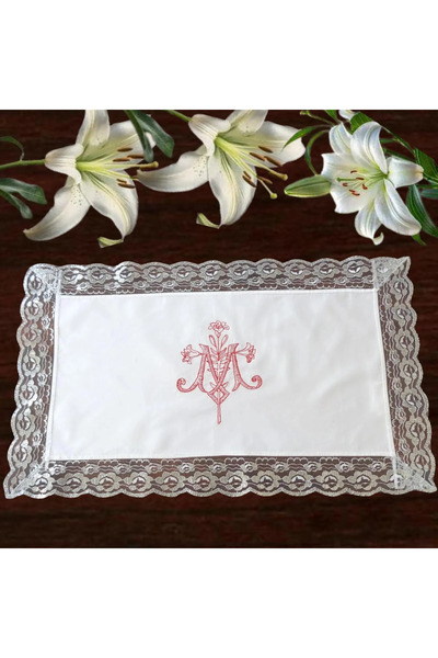 TwoSISTERstore Elegant Lace-Trimmed Virgin Mary Embroidered Doily – Vintage S...