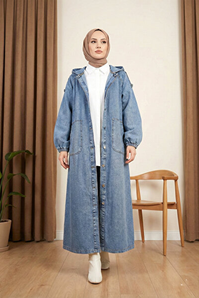 MODAQU Buttoned Hooded Denim Overcoat - Blue