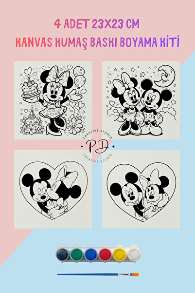 PRİNTOPİA DESİGN Minnie and Mickey Mouse Temalı 4'lü Kanvas Kumaş Boyama Kiti...