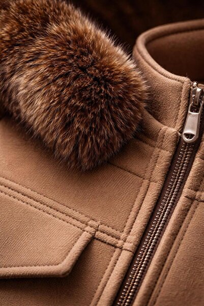 ESİN GİYİM Uzun,fermuarli , sapkasi kürklü manto