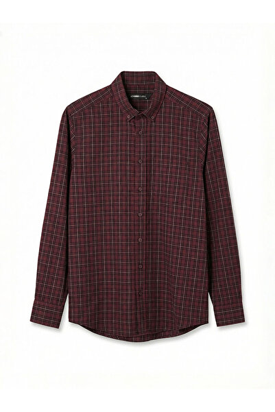 LC Waikiki Bordo Regular Fit Ekose Gabardin Erkek Gömlek