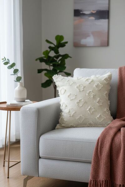 ŞENER HOME Bearded Pompom Chenille Double-Sided Cushion Cover Beige