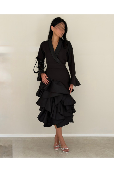 toog Black evening dress with a wrap design and a tiered ruffled skirt