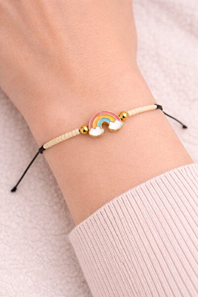 Kalpkutusu Ayarlanabilir İpli Gökkuşağı Figürlü Boncuklu Bileklik – Gold Detaylı
