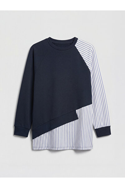 LC Waikiki Mg Trenden Navy Blue Crew Neck Striped Women's Sweatshirt Tunic