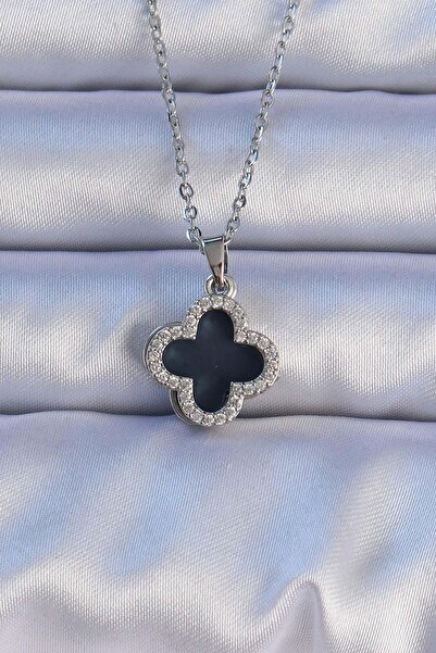Inure Jewelry 316L Steel Silver Color Black Enamel Zircon Stone Clover Figure...