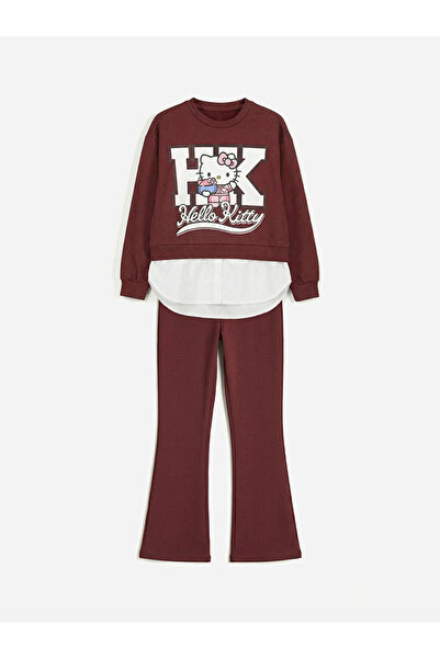 LC Waikiki Bordo Hello Kitty Baskılı Kız Çocuk Sweatshirt Ve Tayt