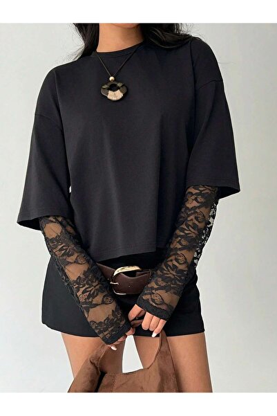 poswicon Black Oversized T-Shirt Lace Sleeve Round Neck Top