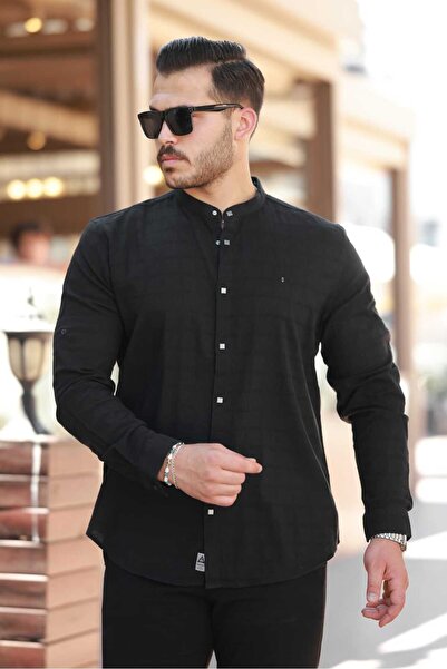 Newelli Slim Fit Erkek Uzun Kollu Hakim Yaka Keten Gömlek