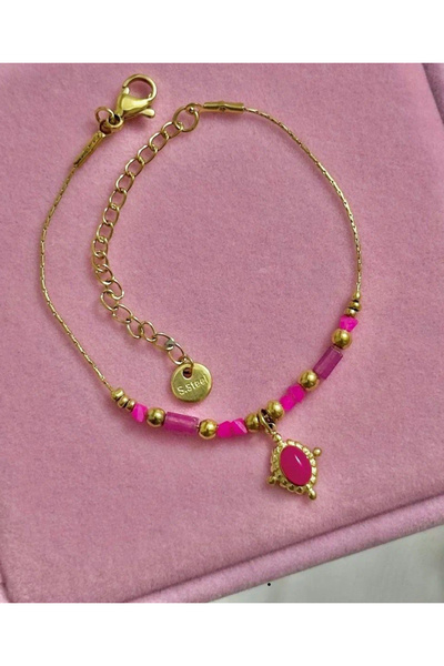 Volenta Shop Minimal Pink Opal Stone Thin Steel Chain Bracelet 15+5 cm