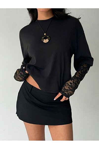 poswicon black oversized t-shirt lace-sleeved round neck top