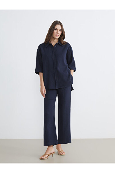 LC Waikiki Navy Blue Elastic Waist Textured Women's Trousers