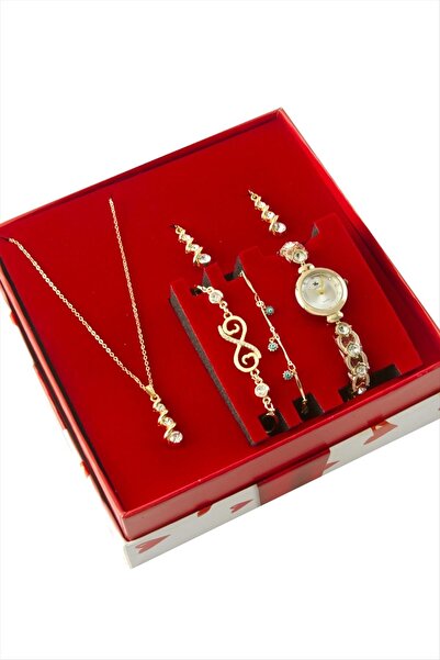 glovia bijuteri Taşlı Kayışlı Kol Saati ve Takı Seti Kombini