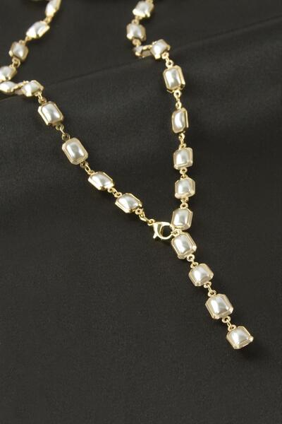 TakÇalıştır Rectangular Pearl Y Necklace with Zircon Stone Pendant Stylish De...