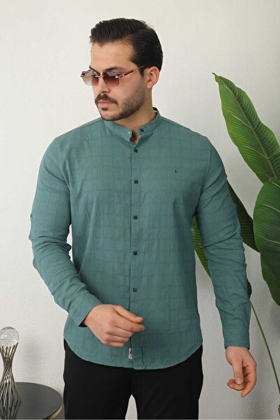 Newelli Slim Fit Erkek Uzun Kollu Hakim Yaka Keten Gömlek
