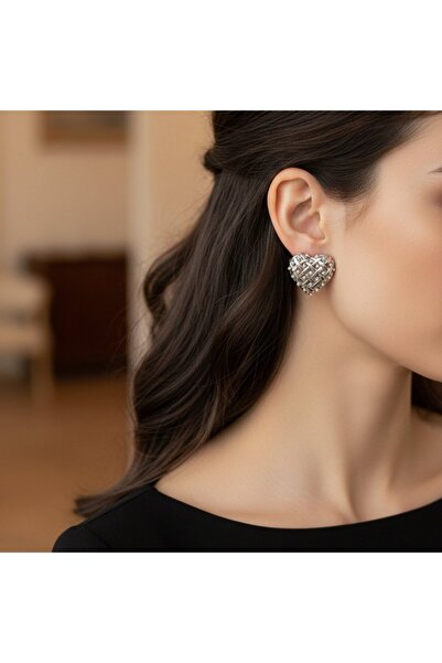 LENTE AKSESUAR Silver Pearl Knitted Heart Earrings - Vintage Design Heart Ear...