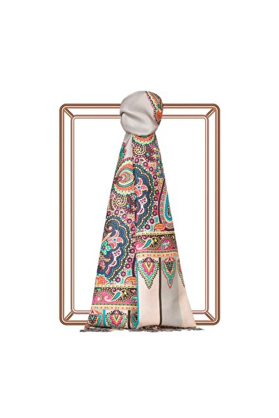 ipekevi Çerçeve Paisley Desenli İpek Şal 06564-Gümüş