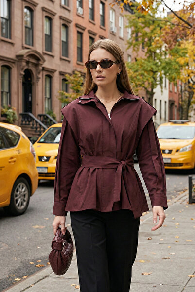 Lela Regular Fit Mock Neck Wide Shoulder Belted Trench Coat Trench Coat 6927623