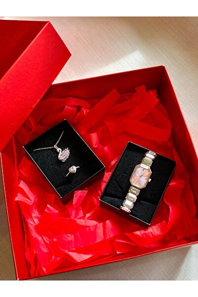 D&Z ACCESSORİES Sevgililer Günü Kırmızı Hediye Kutusu | Pembe Taşlı Kuğulu Ko...