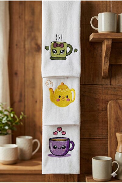 NGR HOME Cute Embroidered Coffee & Tea Themed Set of 3 30X50 Kitchen Towels (...
