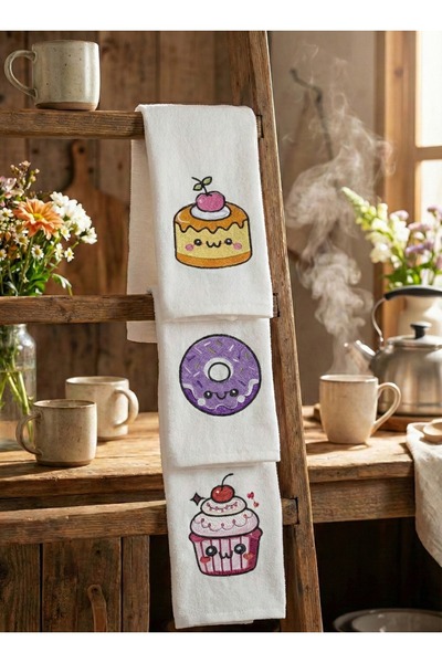 NGR HOME Cute Embroidered Cake & Pastry Themed Set of 3 30X50 Kitchen Towels ...