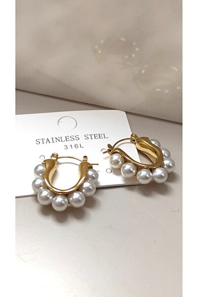 DİAVENTA TAKI VE AKSESUAR 316 L Steel - Gold Pearl Look Earrings, Tarnish-Res...