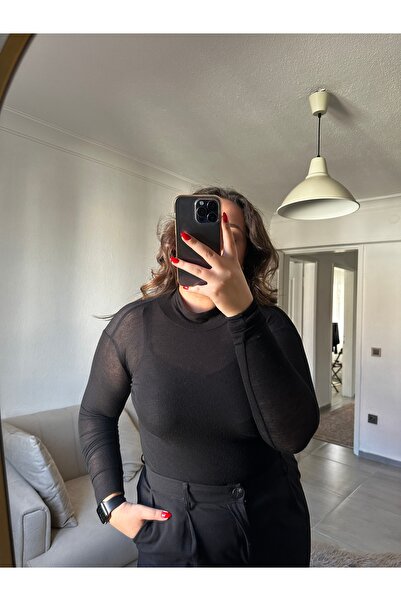 bestie co Siyah/Kahverengi Dik Yaka Uzun Kol Tül Transparan Kadın Bluz