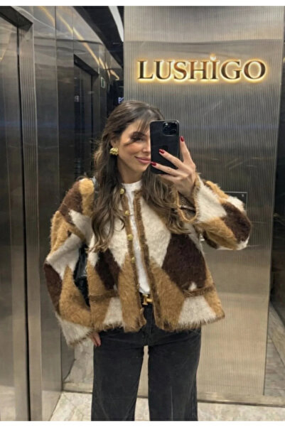 LUSHİGO Women's Square Patterned Bearded Buttoned Yumos Knitwear Lussi Cardigan