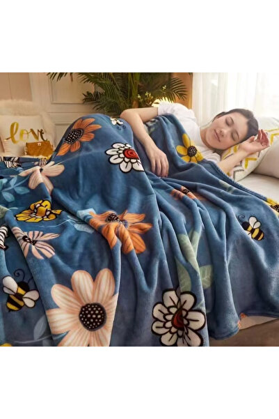 FIONNA.RO Cocolino Thin Blanket 200x230cm - Navy Blue With Flowers And Bees