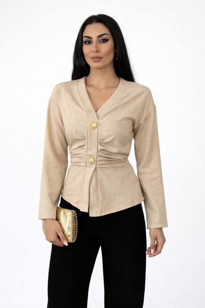 Cuyka Women's Linen Back-Tie Button Detailed Blouse