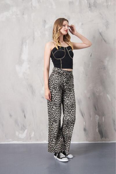 Mavero Women's Leopard Patterned High Waist Flared Pants