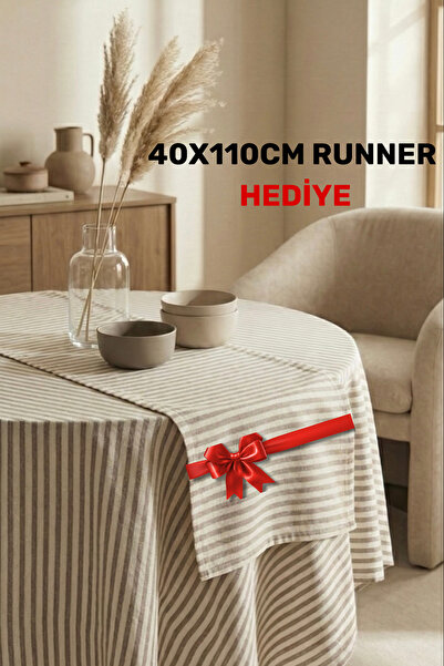 Kayasoft Sütlü Kahve Çizgili Yuvarlak Masa Örtüsü – Şık Sofra Sunumu | 40x110...