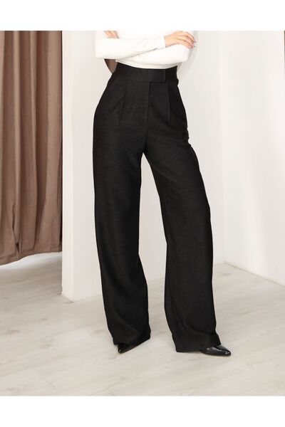 Moda Banuş Women's Velcro Closure Corded Fabric Velvet Palazzo Pants