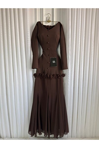 Rahibhdresses Classic brown "Barbie" evening dress with front buttons and ruf...
