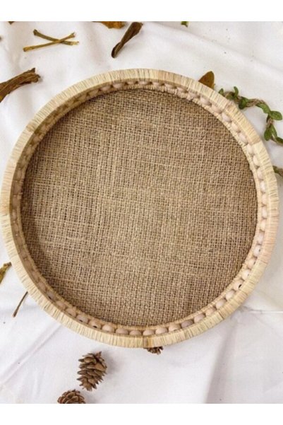 bemdesign Wooden Small Beaded Wicker Natural Raffia/Jute Tray, Decorative Tray, Bathroom, Home, Decor Tray